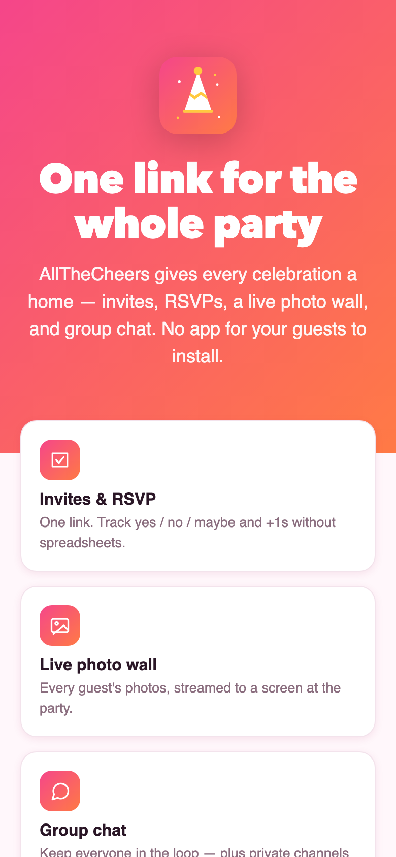 One link for the whole party — guests never install an app.