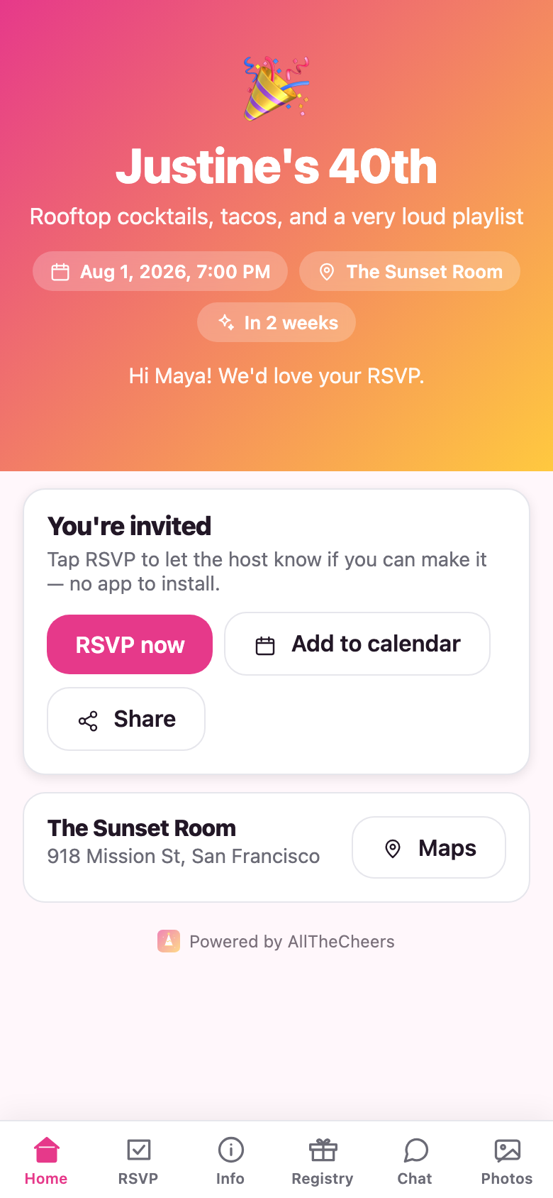 A polished event invitation in AllTheCheers