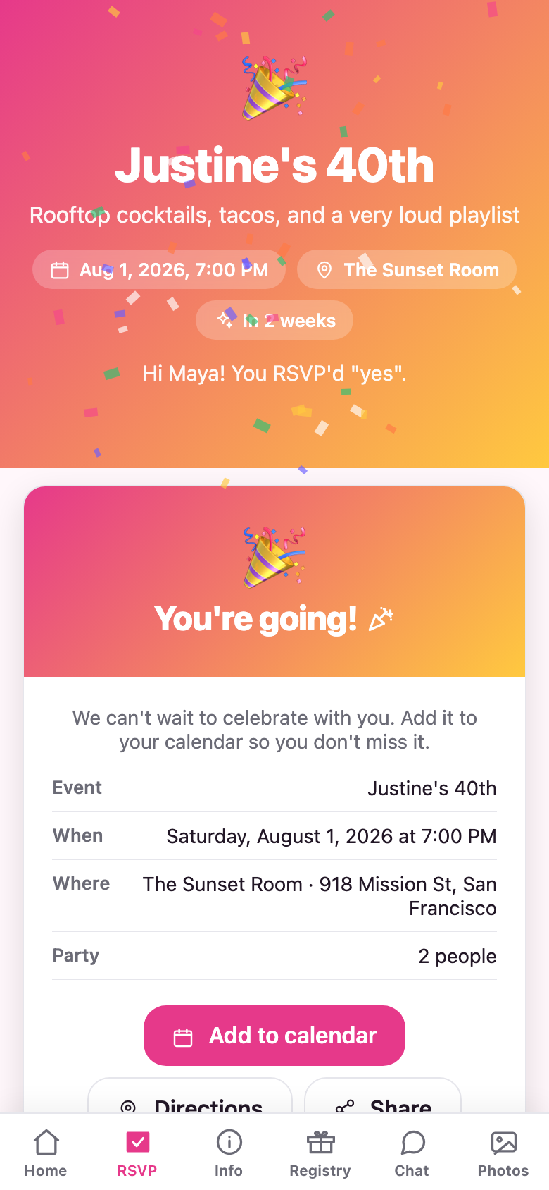 RSVP in two taps — plus-ones and meal picks included.